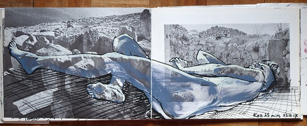 Life sketch over pages of The Megalithic Monuments recycled charity shop find book