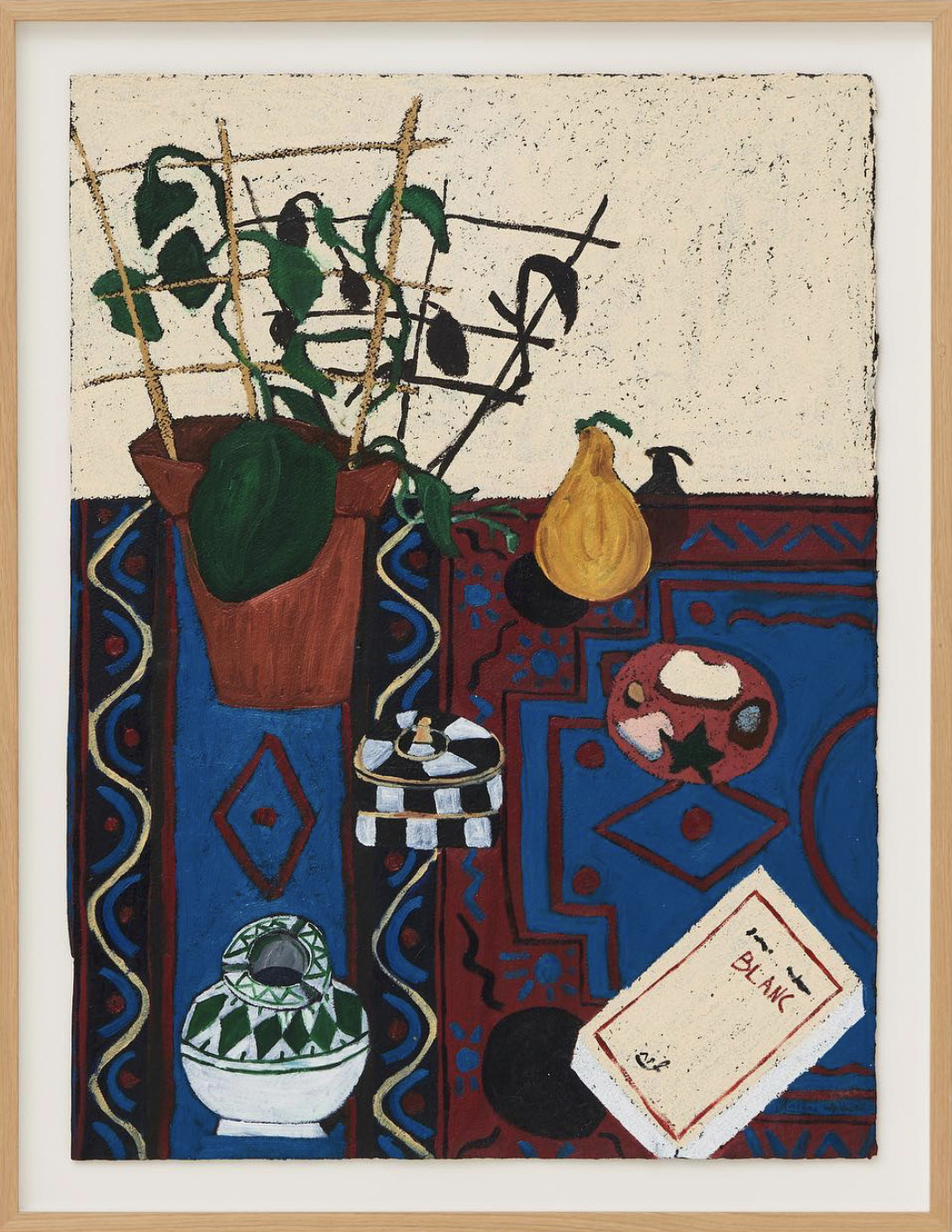 Nature morte plante livre boites et cailloux sur tapis