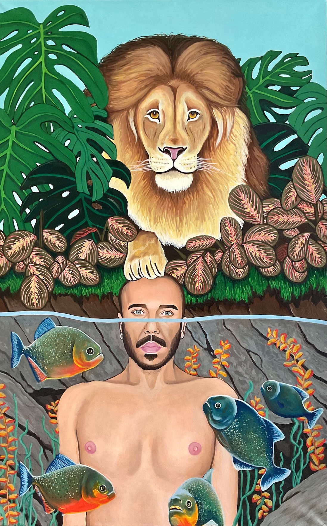 Self-portrait with a lion and piranhas
