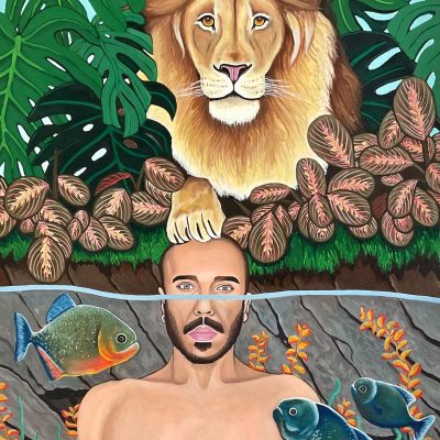 Self-portrait with a lion and piranhas